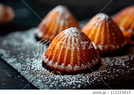 Classic French madeleine cookies, buttery and delicate, mini sponge cake baked in scallop mold 113225615