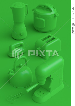 Electric kitchen appliances and utensils for making culinary on green monochrome Electric kitchen appliances and utensils for making culinary on green monochrome 113225619