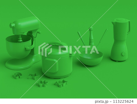 Electric kitchen appliances and utensils for making culinary on green monochrome Electric kitchen appliances and utensils for making culinary on green monochrome 113225624