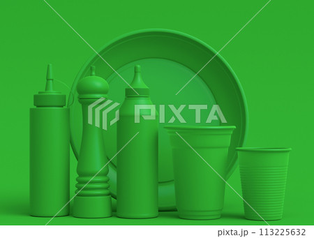 Set of disposable utensils like plate, folk, spoon,knife, cup and pepper mill Set of disposable utensils like plate, folk, spoon,knife, cup and pepper mill 113225632