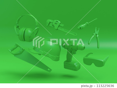 Flying view of monochrome construction tools for repair on multicolor background 113225636