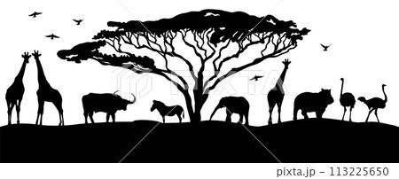 African landscape silhouettes of animals. hand drawing. Not AI, Vector illustration 113225650