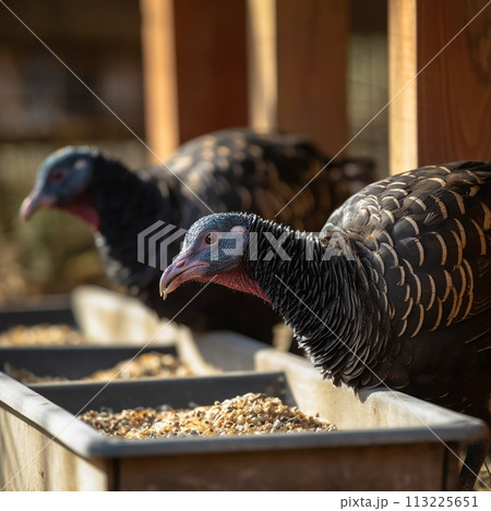 Two turkeys are feeding on pile of food in a farm. They are pecking at grains and seeds scattered on the ground, enjoying their meal together. 113225651