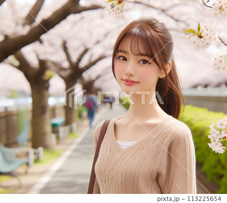 桜並木と美少女 113225654