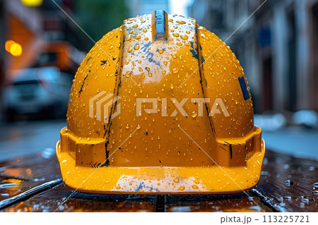 Yellow Hard Hat on Wet Surface Generative AI 113225721
