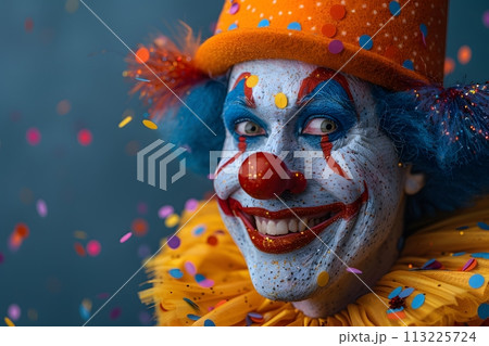 Close Up of Clowns Face With Confetti Generative AI 113225724