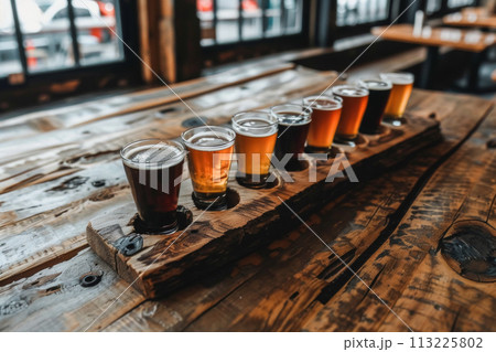 Craft Beer Flight on Wooden Paddle 113225802