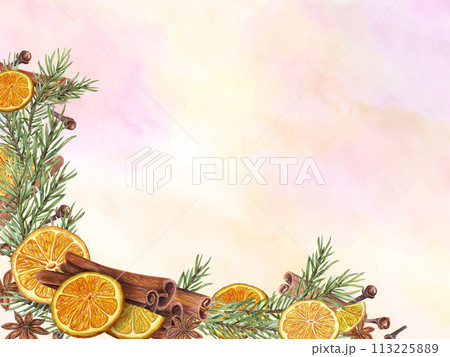 Frame of winter orange slices, cinnamon sticks, star anise and spruce branches. Citrus, evergreen, spice, badian. Illustration isolated on watercolor background. For Christmas, New Year cards 113225889