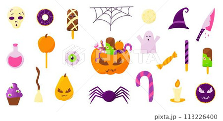 halloween pumpkin sweets skull bones set elements 113226400