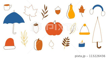 autumn pumpkin mushroom leaves set elements line 113226436