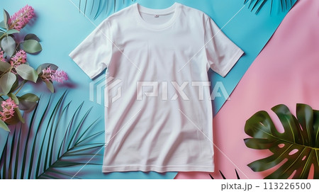 Mockup of white cotton t-shirt on blue background. Layout mock up ready for your design preview. 113226500
