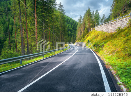 Road in green forest at sunset in summer. Dolomites, Italy 113226546