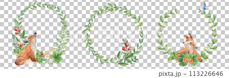 Set of woodland watercolor wreaths with baby and mother fox animal, green branches and leaves, fern, cloudberry and red berries. Floral illustration for nursery, greeting cards, invitations, save the 113226646
