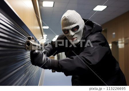 Thief with a balaclava on his head during a bank robbery Thief with a balaclava on his head during a bank robbery 113226695