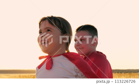 portrait girl, smile face superhero child girl, face sunset, silhouette boy girl playing superheroes red cloaks field, happy sister brother, child kid in carnival costumes, girl boy playing superhero 113226726