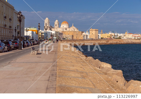 Cathedral of the Holy Cross on the Cadiz waterfront on a sunny day. 113226997