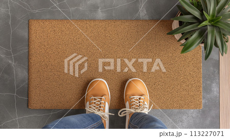 Blank Welcome Mat and Pair of Feet At Front Door of House. Generative AI. 113227071