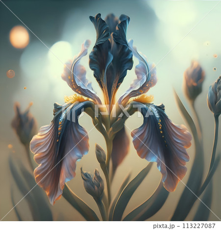 beautiful art pale blue iris flower against soft pale background. Digital artwork. close up. paint style. Ai genarated 113227087
