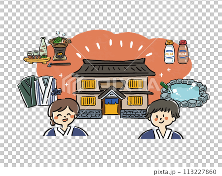 Hand-drawn style illustration of a man and a woman enjoying the image of a hot spring trip 113227860