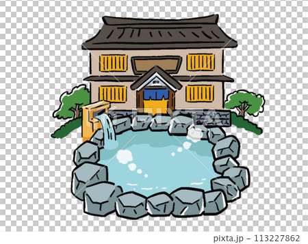 Hand-drawn style illustration of inn and hot spring 113227862