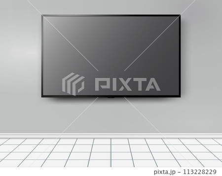 TV mockup with flat white screen on grey wall background 113228229