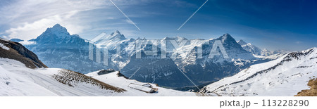 Aerial view of mountain peaks Mittelhorn and Schreckhorn 113228290