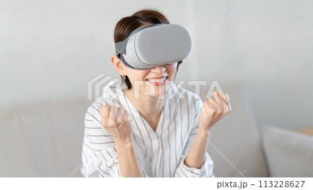 VRゴーグルを付けて楽しむ女性 VRゴーグルを付けて楽しむ女性 113228627