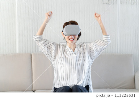 VRゴーグルを付けて楽しむ女性 113228631