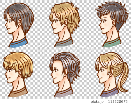 様々な種類の髪型の大人男性の横顔イラスト素材セット4 113228673