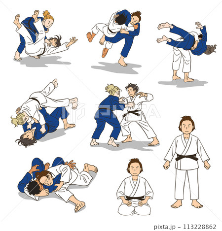 女子柔道の試合　様々な技やポーズのセット 113228862