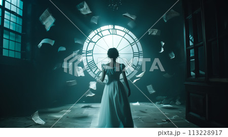 Surreal moment of a woman standing in front of clock. Watching destiny with the time passing. Generative Ai. 113228917