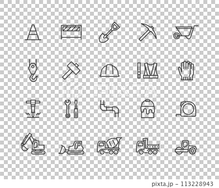 Construction related line drawing icon set 113228943
