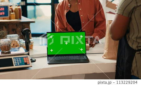 Shopper buying organic goods next to greenscreen on pc, waiting for bag with ripe freshly harvested products at zero waste store checkout. Laptop running isolated mockup copyspace layout. 113229204