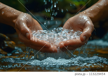 水をすくう手のクローズアップA1 I生成画像 水をすくう手のクローズアップA1 I生成画像 113229454