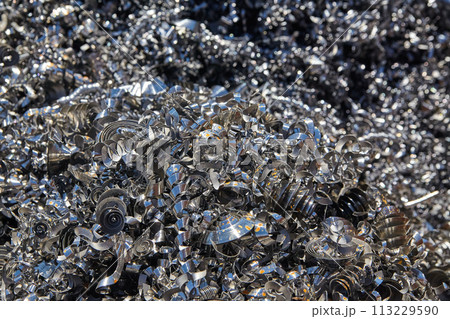 Industrial Metal Shavings Texture from Machining Process Close-Up 113229590