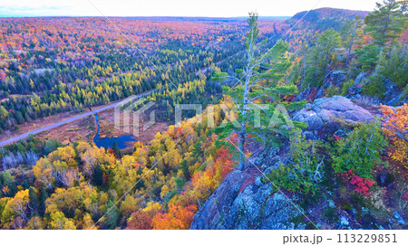 Aerial Autumn Forest with Scenic Road and Reflective Lake, Michigan 113229851