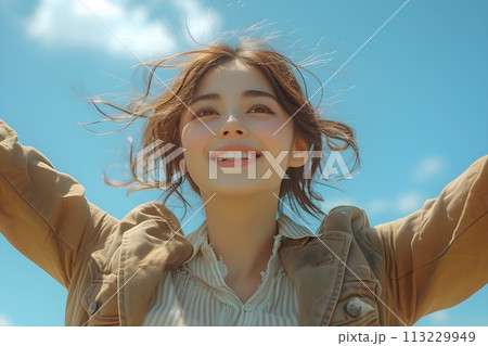 青空の下で両手を広げている女性9 AI生成画像 青空の下で両手を広げている女性9 AI生成画像 113229949