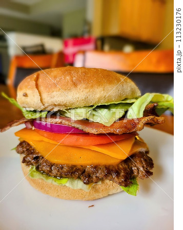 Gourmet Cheeseburger with Bacon and Fresh Toppings, Eye-Level View Gourmet Cheeseburger with Bacon and Fresh Toppings, Eye-Level View 113230176