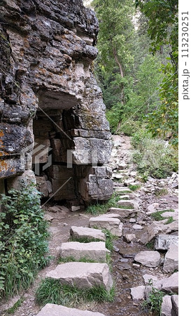 Serene Forest Trail with Rocky Outcrop and Stream Serene Forest Trail with Rocky Outcrop and Stream 113230251