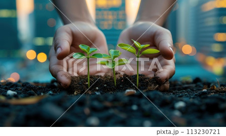 Hands holding small saplings growing, with a city and industries in the background. Generative AI 113230721