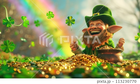leprechaun surrounded by piles of gold in a field of four leaf clovers Rainbow abound. Generative AI 113230770