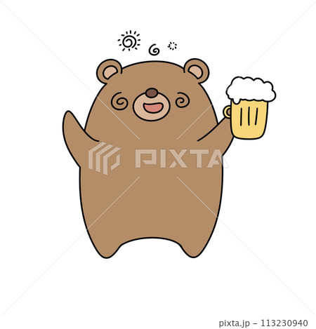 A cartoon bear is holding a beer and appears to be happy 113230940