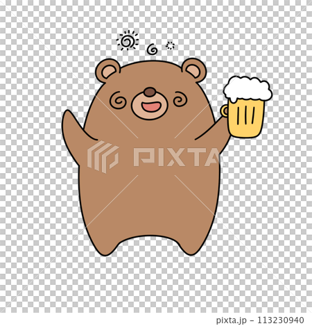 A cartoon bear is holding a beer and appears to be happy 113230940
