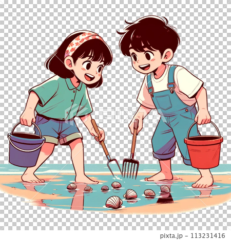 一個孩子在海上尋找蛤蜊的插圖 113231416