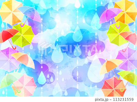 梅雨、傘、空、背景、イラスト、かわいい、横型、水彩、カラフル 梅雨、傘、空、背景、イラスト、かわいい、横型、水彩、カラフル 113231559