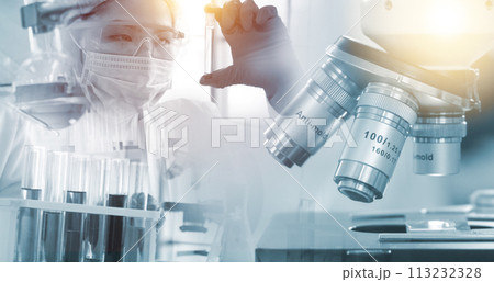 Double exposure microscope and Young woman scientific using equipment in the laboratory for research.Biotechnology,development,chemical,vaccine,Photo concept experimentation and research. 113232328