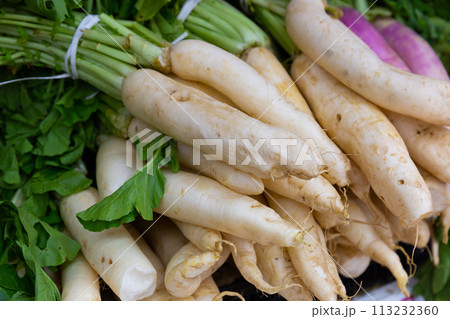 White radish in boxes on counter White radish in boxes on counter 113232360