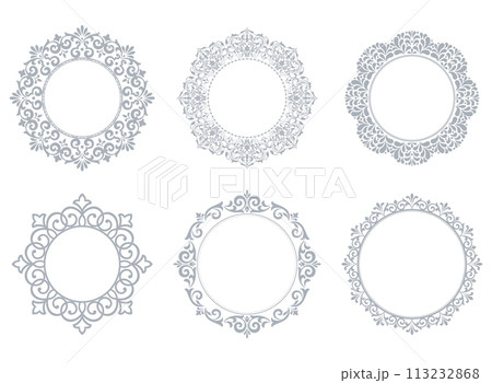 Set of decorative frames Elegant vector element for design in Eastern style, place for text. Floral gray and white borders. Lace illustration for invitations and greeting cards Set of decorative frames Elegant vector element for design in Eastern style, place for text. Floral gray and white borders. Lace illustration for invitations and greeting cards 113232868