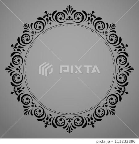 Decorative frame Elegant vector element for design in Eastern style, place for text. Floral black and gray border. Lace illustration for invitations and greeting cards 113232890