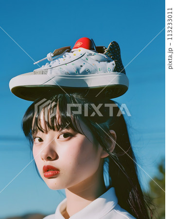 スニーカーを持ったトレンドを牽引するファッショナブルな日本人女性 スニーカーを持ったトレンドを牽引するファッショナブルな日本人女性 113233011